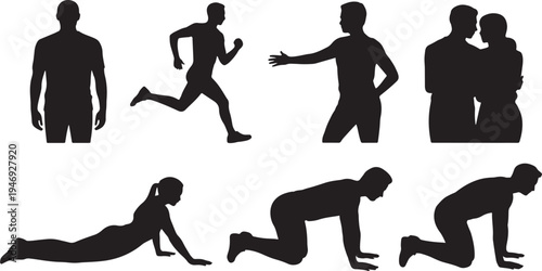 Diverse collection of seven black human silhouettes depicting various activities and poses including running stretching reaching standing and a loving couple embracing on a transparent background
