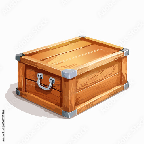 Vintage wooden storage crate illustration with sturdy metal details, ideal for transport or keeping valuable items secure