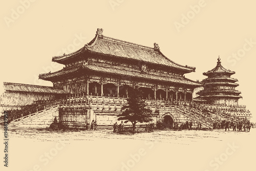 Forbidden City, China illustration in a vintage style. This vector illustration can be used in any size you like for advertising, logos, and other work.
