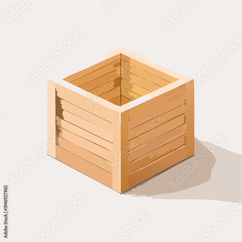 Isometric wooden crate with a slightly open top on a neutral background