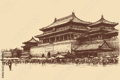 Forbidden City, China illustration in a vintage style. This vector illustration can be used in any size you like for advertising, logos, and other work.

