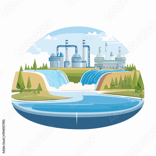 Sustainable energy generation at a modern hydroelectric power facility with dam and natural landscape