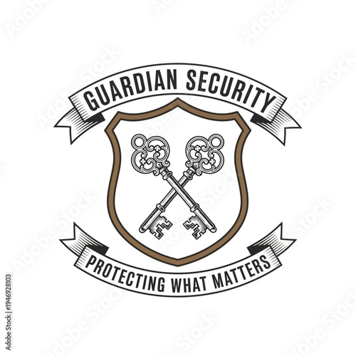 Security Company Emblem with Guardian Shield and Crossed Vintage Keys