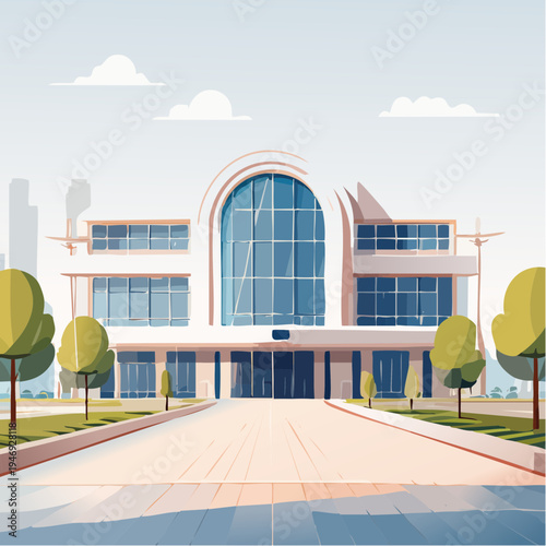 Modern architectural structure with a grand entrance and surrounding greenery, ideal for business or educational concepts