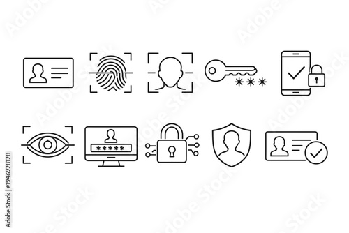 Cybersecurity authentication icons set featuring fingerprint, face recognition, password, key, mobile verification, padlock, shield, and access control