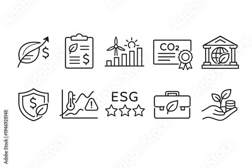 Line icon set illustrating ESG sustainability finance concepts including renewable energy, carbon certification, ethical banking, risk management, and growth