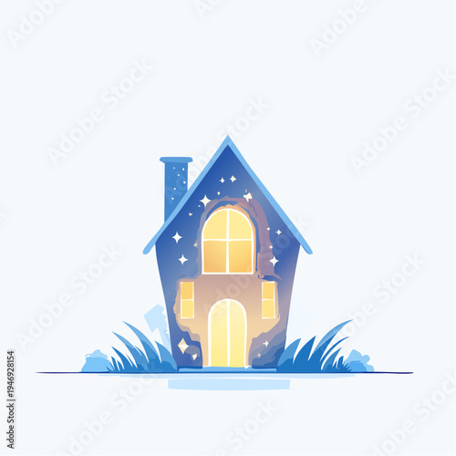 Whimsical star-lit cottage with glowing windows and grass
