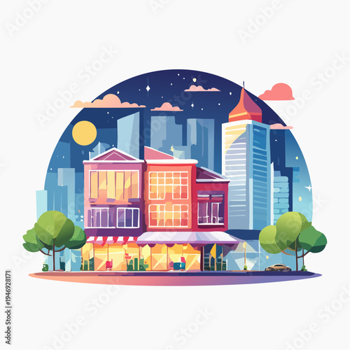 Vibrant cityscape with illuminated buildings and lush green trees at dusk