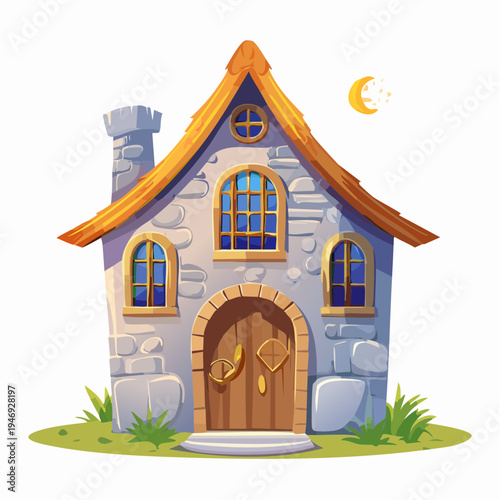 Whimsical stone cottage with arched doorway and attic window under moonlit sky