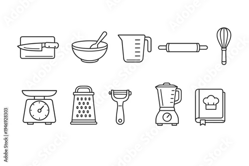 Minimal line icons of kitchen tools and baking equipment including mixer, bowl, measuring cup, rolling pin, whisk, scale, grater, peeler, blender, cookbook