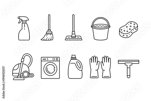 Minimal line icon set of household cleaning and laundry tools including spray bottle, mop, broom, bucket, sponge, vacuum, washer, detergent, gloves