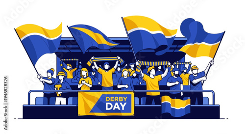 Enthusiastic Supporters Holding Flags and Celebrating Derby Day Victory with Great Joy