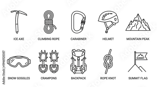 A collection of clean, black and white line art icons representing essential mountaineering and climbing equipment for outdoor adventure and sports.