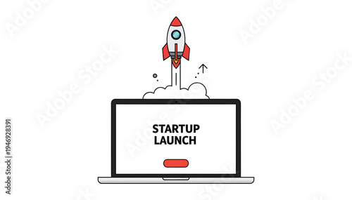 Startup launch illustration with rocket emerging from laptop screen