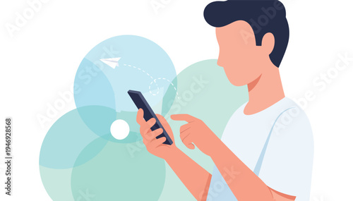 Man interacts with his smartphone with a notification symbol above