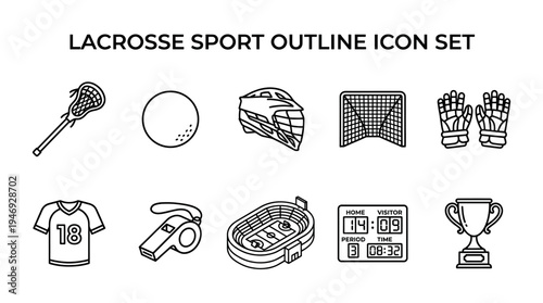 A clean and modern outline icon set featuring essential lacrosse equipment and game elements, perfect for sports websites, apps, and infographics.