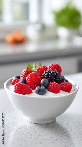Fresh berry topped yogurt in white bowl on kitchen counter
