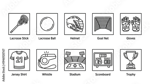 A collection of line art icons representing lacrosse equipment and elements, including a stick, ball, helmet, goal net, gloves, jersey, whistle, stadium, scoreboard, and trophy.