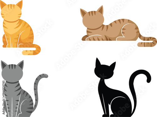 A charming collection of four distinct cartoonstyle domestic cats in various colors and relaxed poses isolated for versatility
