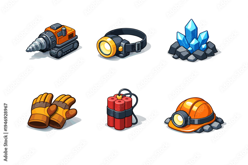 Naklejka premium Set of mining equipment icons including drill machine, headlamp, crystal ore, work gloves, dynamite bundle, and hardhat with light on white background