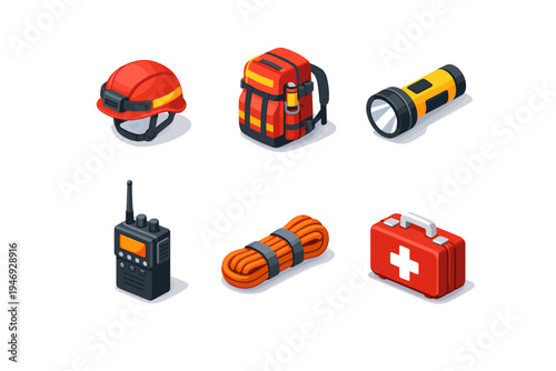 Rescue and emergency response equipment set with safety helmet, backpack, flashlight, radio, rope coil, and first aid kit in isometric style