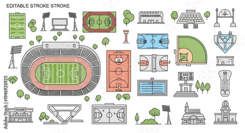 Detailed Football Field and Stadium Elements Illustration for Design Projects.