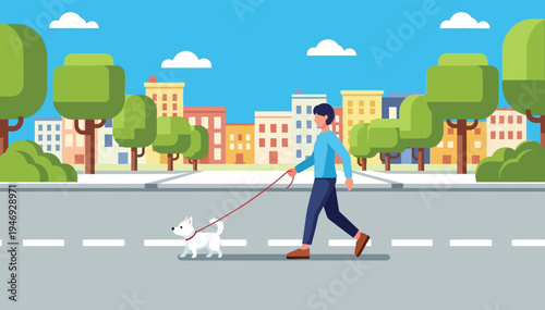 Man walking his white dog on a leash through a city street with trees and buildings in the background