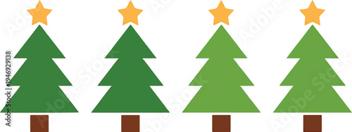 Four stylized green Christmas trees with brown bases and orange stars on top isolated on transparent background