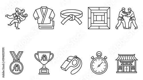 A collection of simple black and white line art icons representing martial arts and sports, including combatants, gear, awards, and training facilities.