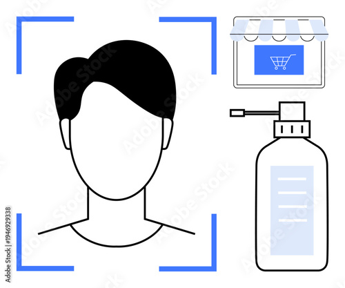 Technology, digital identity, hygiene, e-commerce, contactless safety, identification. Human profile face scan, sanitizer online shopping cart. Digital identity and e-commerce concept