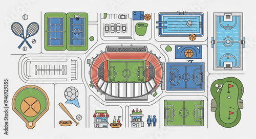 Sports Complex Layout Featuring Various Athletic Fields and Courts.