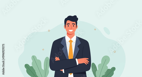 A smiling man in a dark suit and yellow tie with arms crossed stands against a light blue background with abstract shapes and green leaves