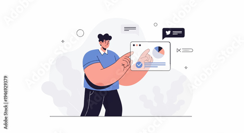 Illustrated person interacting with digital analytics dashboard and social media notifications