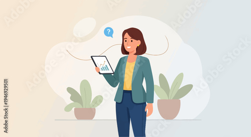 Woman in a jacket examining a tablet with a growth chart and a question mark above her head, indoors with plants