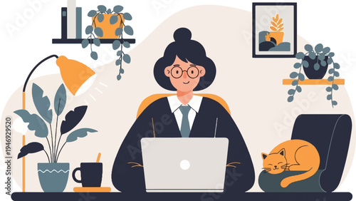 Person working on laptop with cat napping nearby and plants in a cozy room