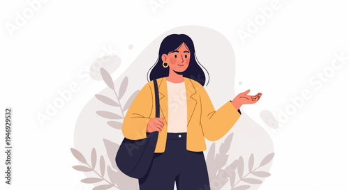 A smiling woman in a yellow jacket and dark pants holds a bag, presenting