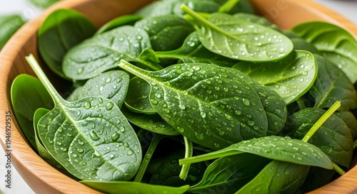 Baby spinach leaves dewy dark green piled in bowl fresh April salad ingredient vibrant color
