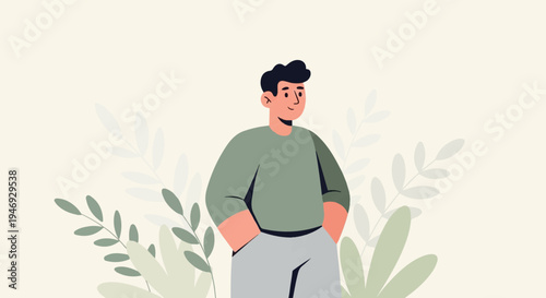 Stylized illustration of a young man with dark hair, wearing a green sweater and grey pants