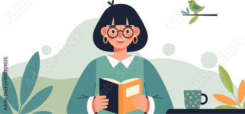 A woman wearing glasses reads a book next to a spotted cup and a bird on a branch
