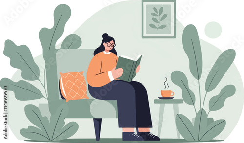 A woman in glasses sits on a couch with a book and a cup of tea, surrounded by plants