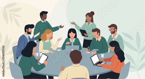 Diverse group of people in a meeting around a round table, discussing ideas and working