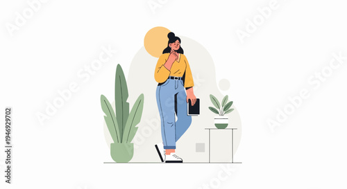 Woman in yellow shirt and blue jeans holding book, plants and sun