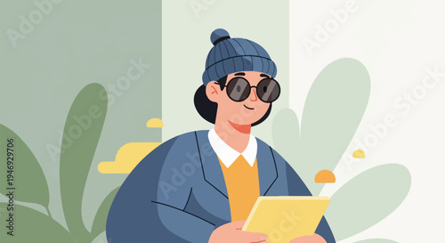 Animated illustration of a person wearing a blue beanie, sunglasses, and blue jacket, holding a yellow tablet