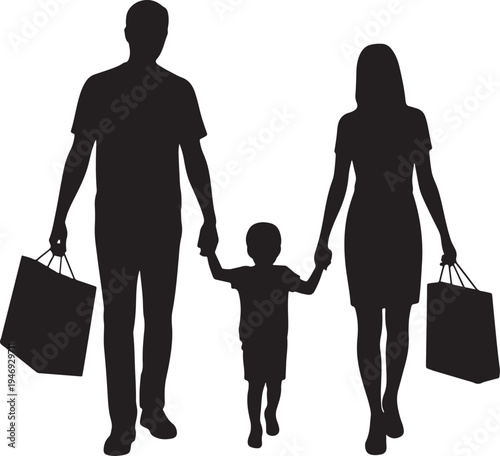 Silhouette family of three walking together holding hands with shopping bags from retail stores