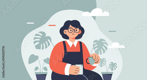 A stylized person with glasses, holding a mug and phone, surrounded by plants and clouds