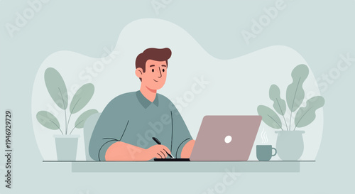 Young man at desk with laptop, plants, and coffee