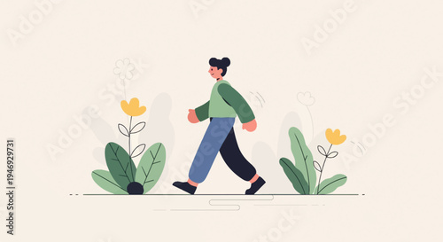A stylized person walks through a meadow with blooming yellow flowers