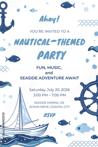 Marine party invitation design with ship, anchor, helm, waves and fish. Perfect for summer nautical events, cruise-themed celebrations, vacation or ocean adventure greetings.