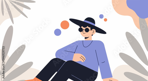 Flat design illustration of a person in a hat and sunglasses with abstract shapes
