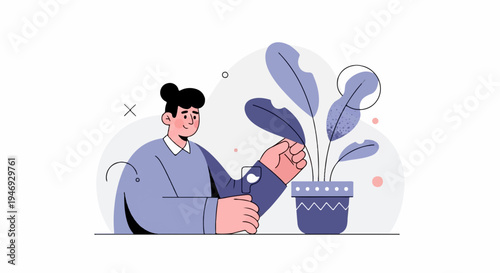 Minimalist person caring for a potted plant with large purple leaves, abstract background